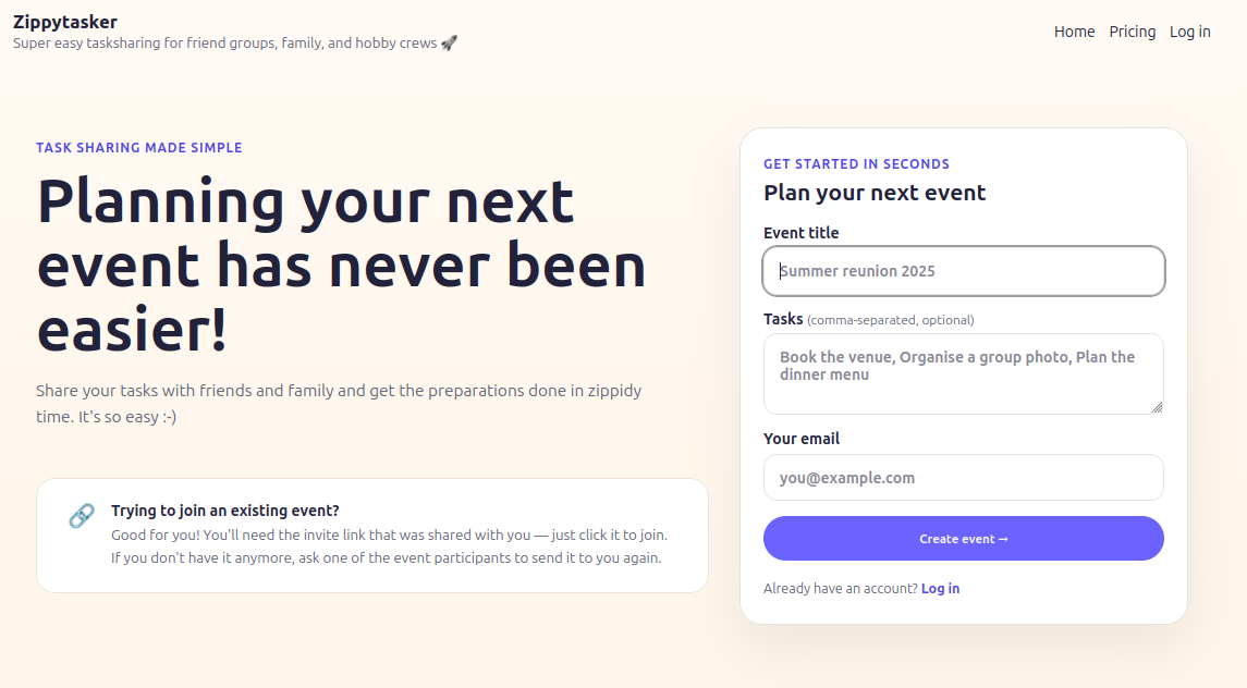 Zippytasker event planning screen